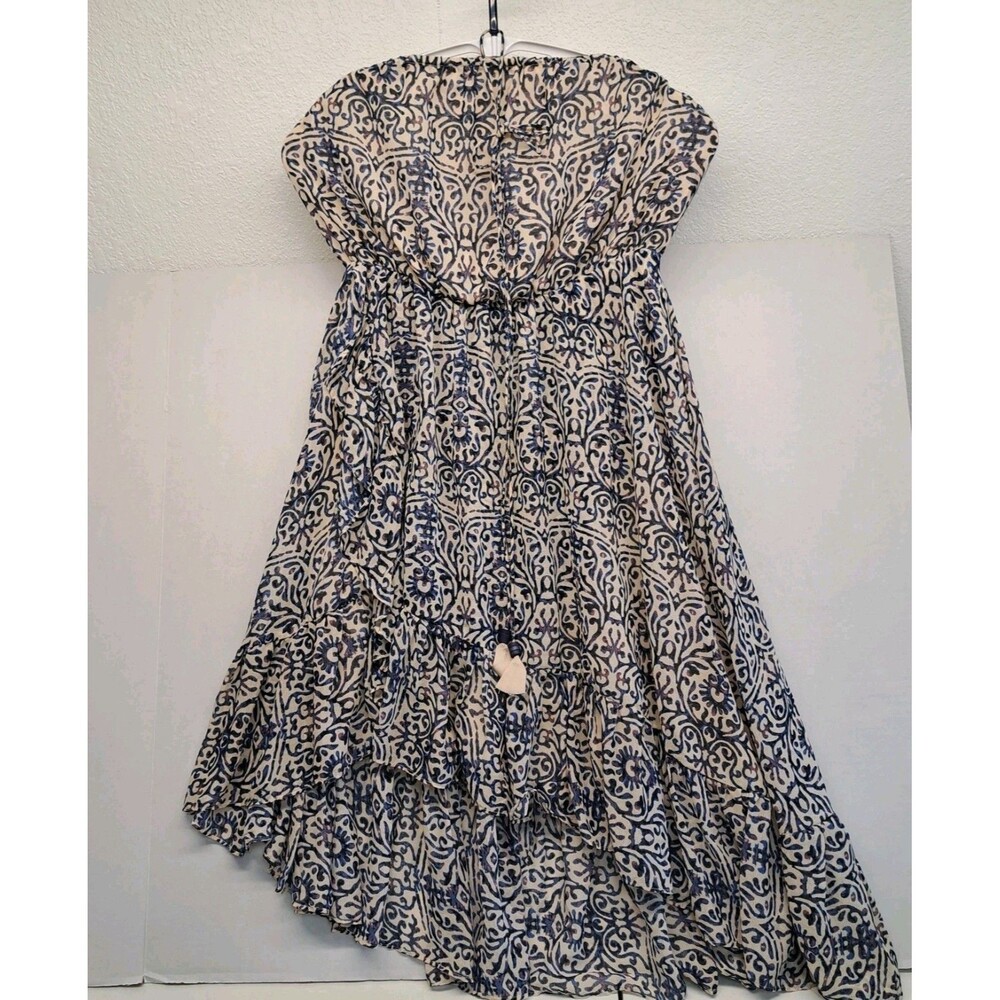 Free People Safari Sunset Halter Dress Ruffle Print Asymetrical Blue Tan S NWT